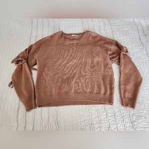 Kori Women's Long Sleeve Top with Fringe Detail Sleeves and Back, Size L, Brown